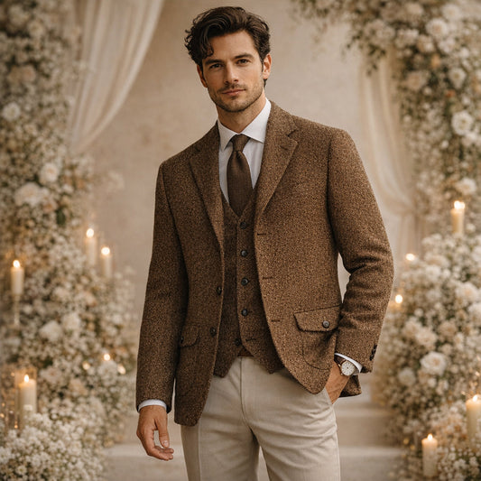 Men's Tweed Single Breasted Business Blazer Wedding Guest