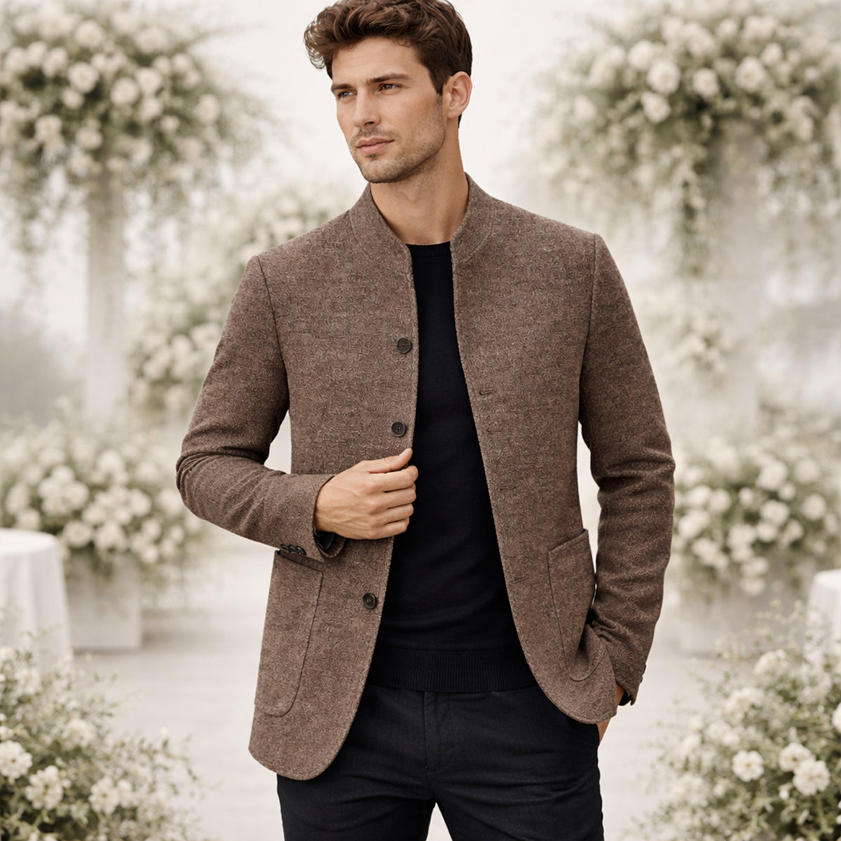 Men's Warm Fleece Stand Collar Blazer Wedding Guest