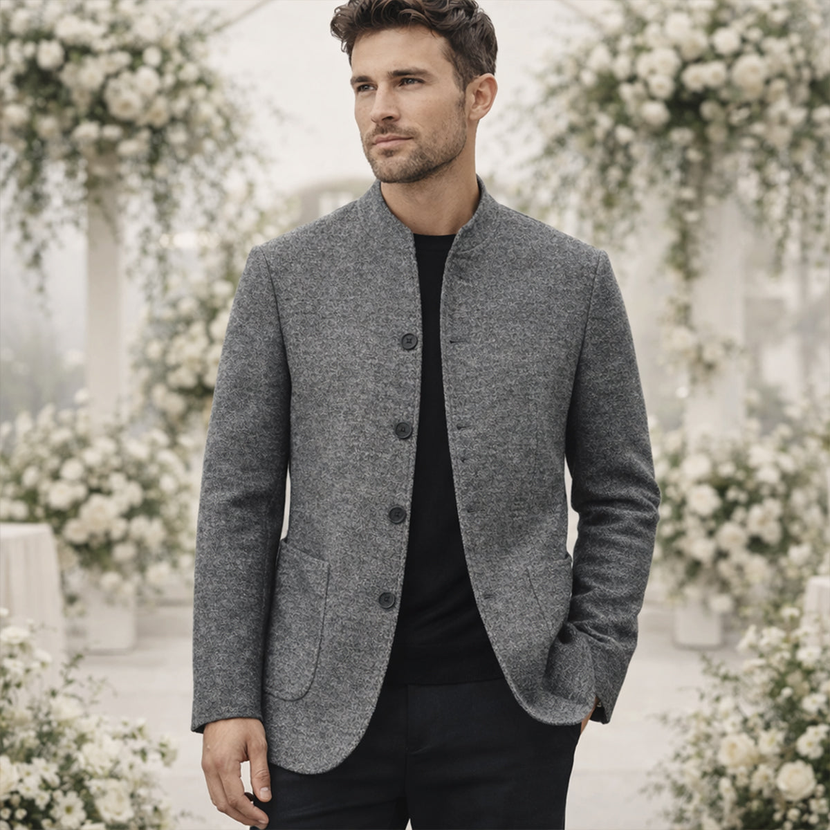 Men's Warm Fleece Stand Collar Blazer Wedding Guest