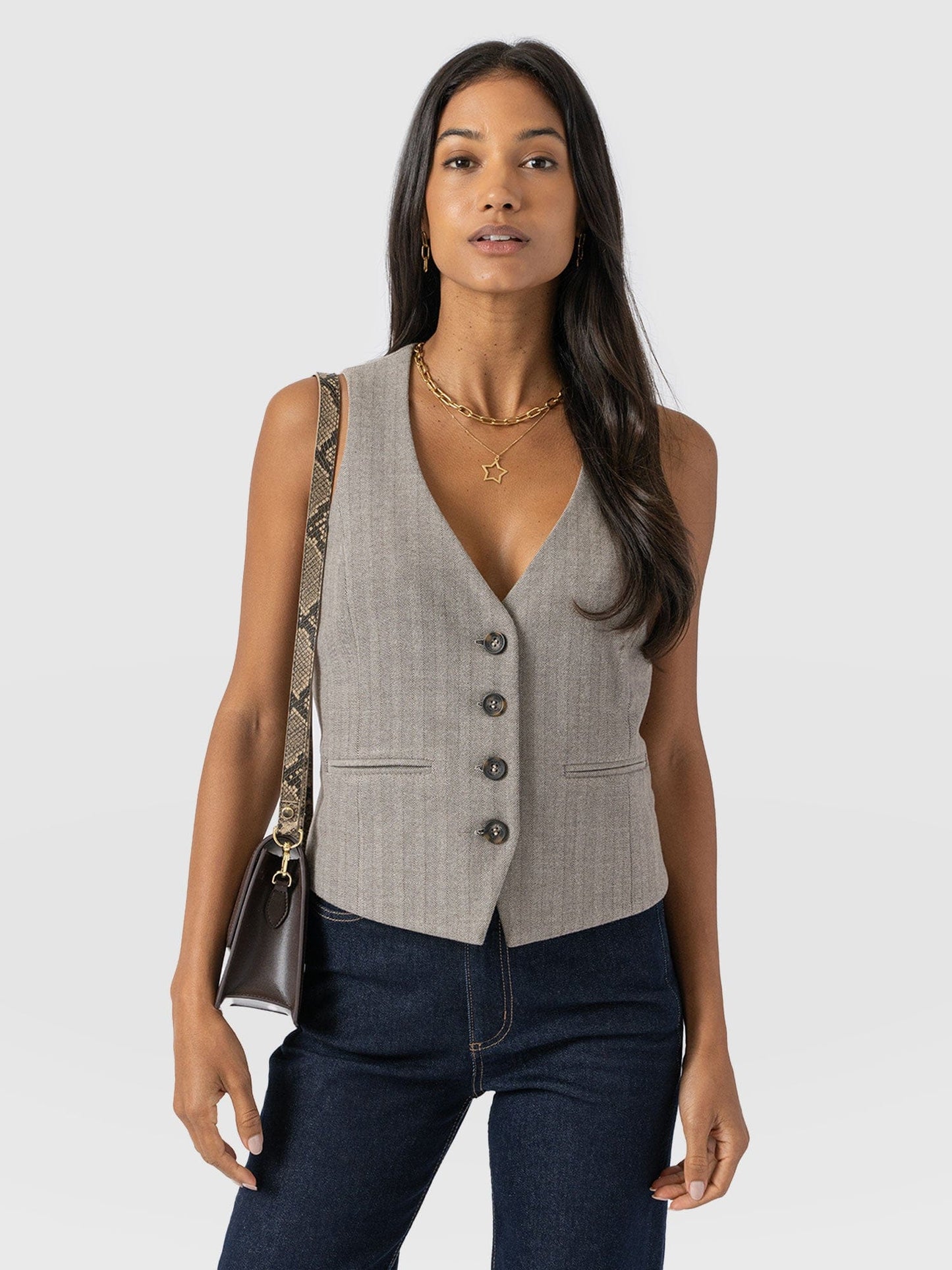 Felicity | Women's Waistcoat Herringbone Viscose Crepe Tailored Sleeveless Structured Smart Chic Workwear Occasion Office