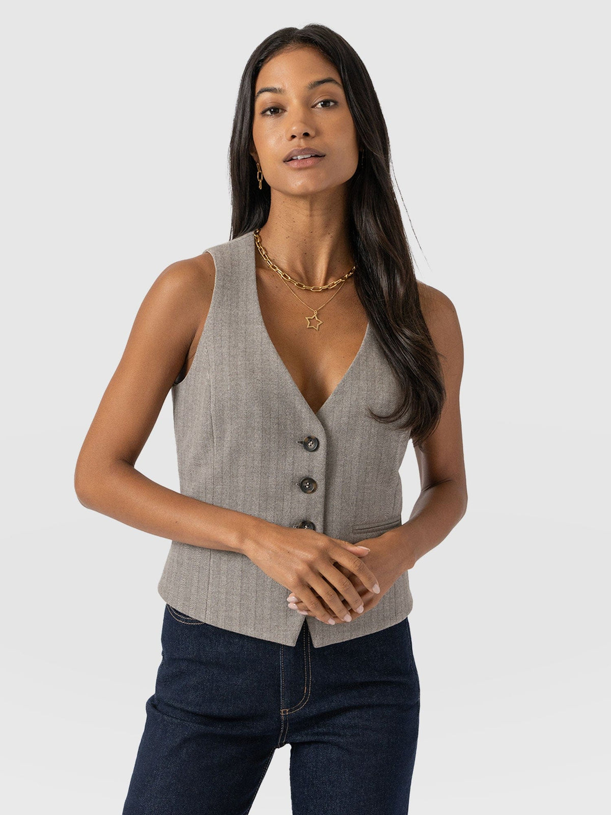 Felicity | Women's Waistcoat Herringbone Viscose Crepe Tailored Sleeveless Structured Smart Chic Workwear Occasion Office