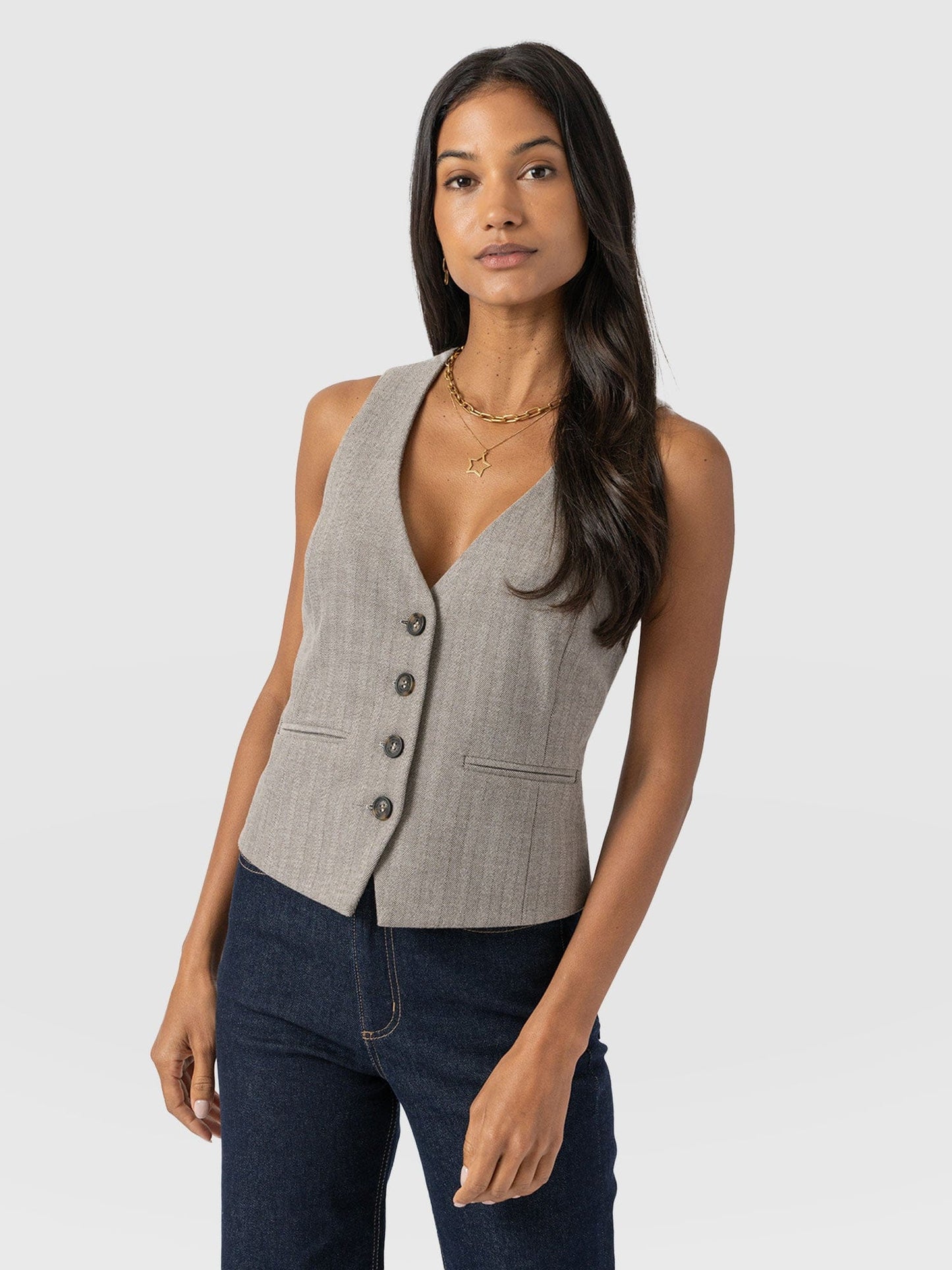 Felicity | Women's Waistcoat Herringbone Viscose Crepe Tailored Sleeveless Structured Smart Chic Workwear Occasion Office