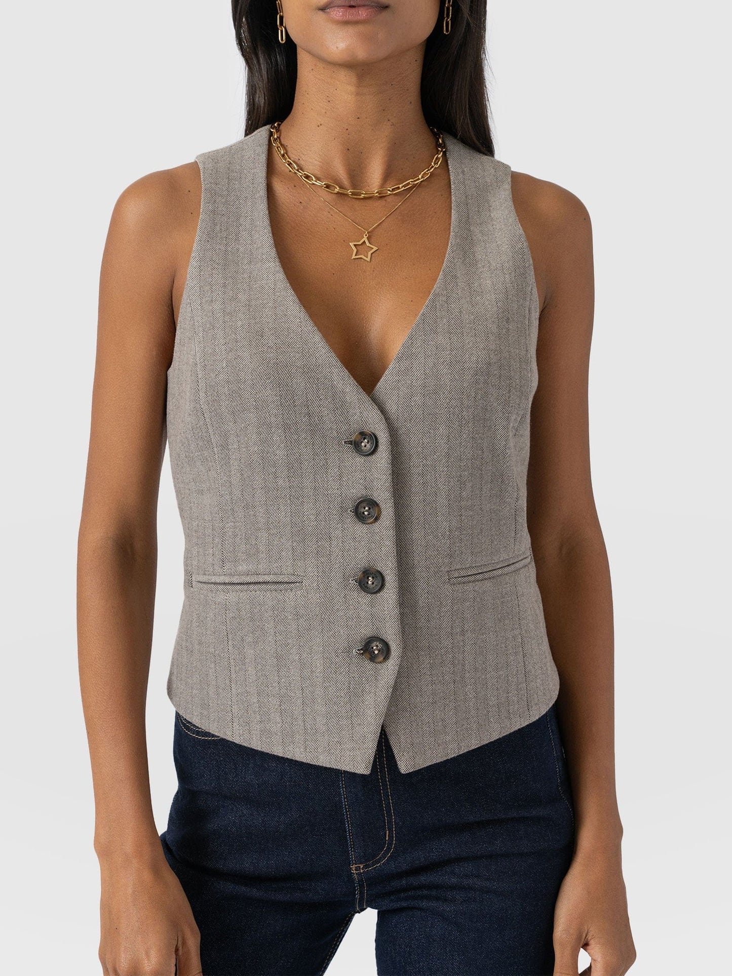 Felicity | Women's Waistcoat Herringbone Viscose Crepe Tailored Sleeveless Structured Smart Chic Workwear Occasion Office