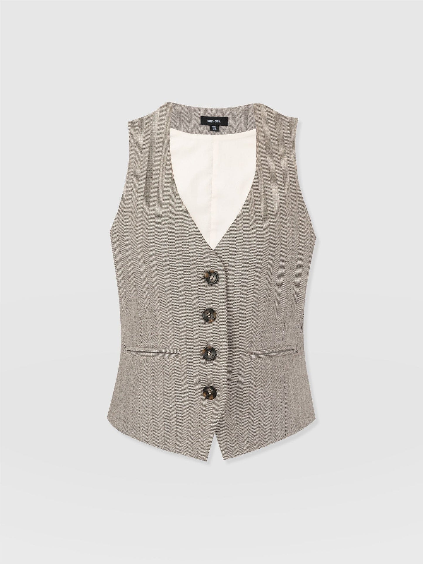Felicity | Women's Waistcoat Herringbone Viscose Crepe Tailored Sleeveless Structured Smart Chic Workwear Occasion Office