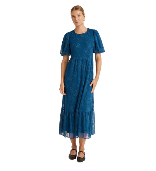 Women's Blue Floral Embroidered Rose Mesh Midi Tea Dress