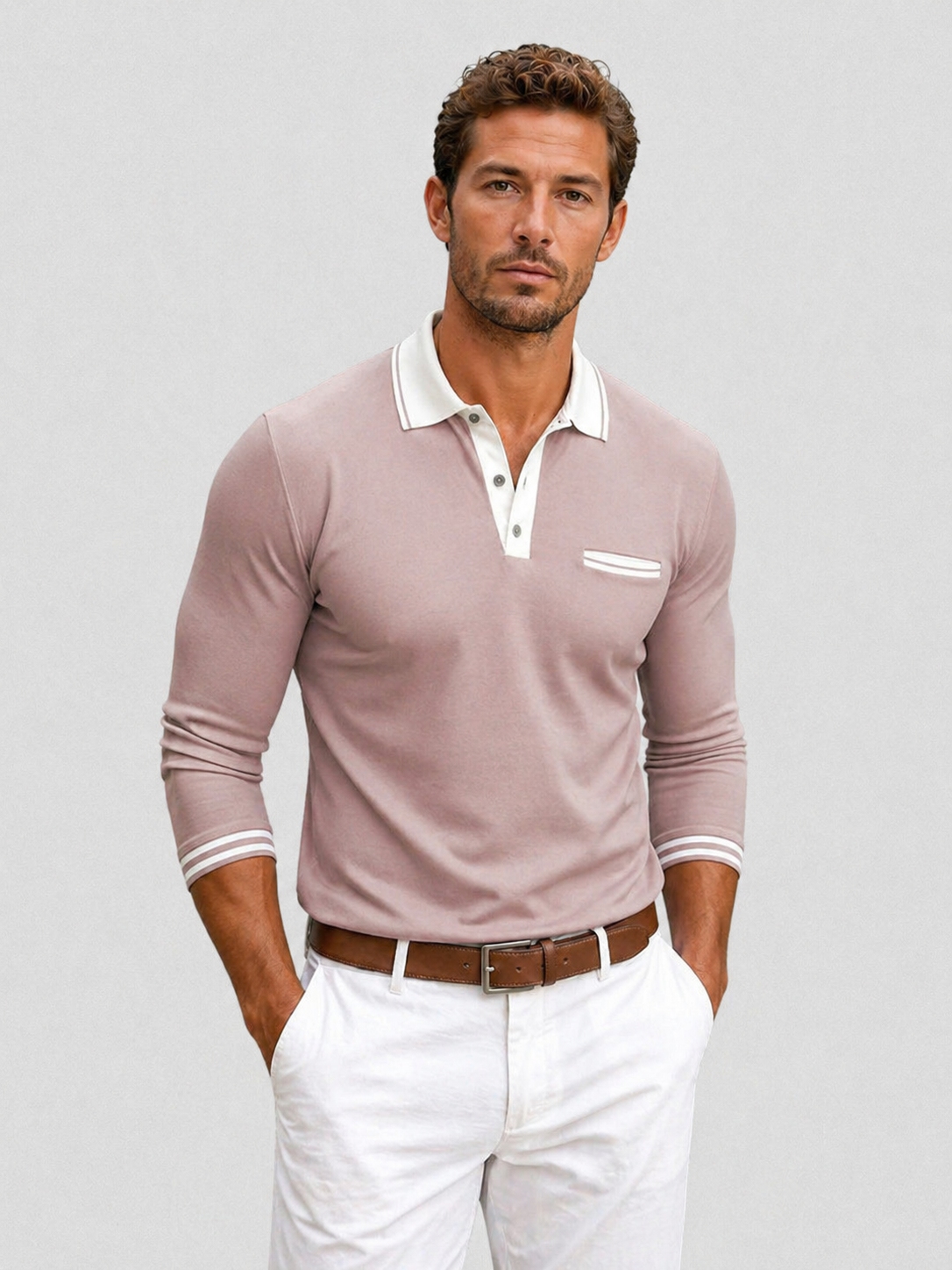 Jasper | Men's Polo Shirt Long-Sleeve Knit Classic Collar Breathable Tailored Smart Casual Everyday Versatile Comfort Clean