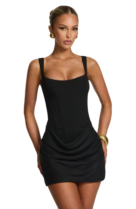 Women's Rose Mini Dress with Corset Bodice and Cowl Skirt in Black