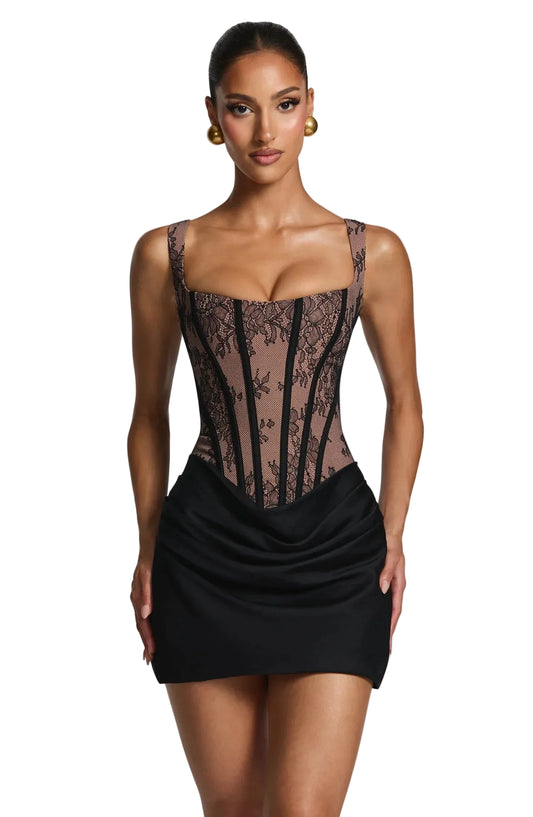 Women's Rose Mini Dress with Corset Bodice and Cowl Skirt in Black Lace