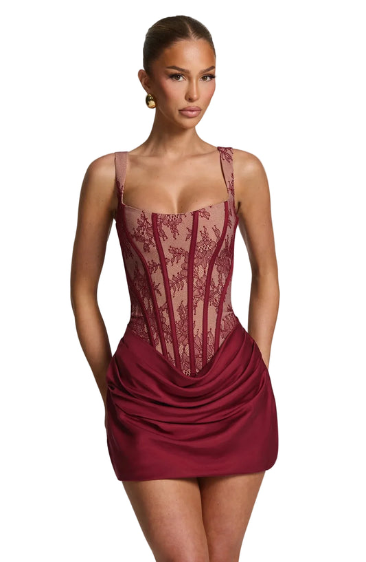 Women's Rose Mini Dress with Corset Bodice and Cowl Skirt in Burgundy Lace