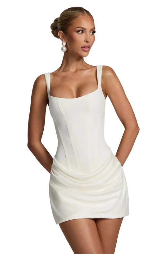 Women's Rose Mini Dress with Corset Bodice and Cowl Skirt in Ivory