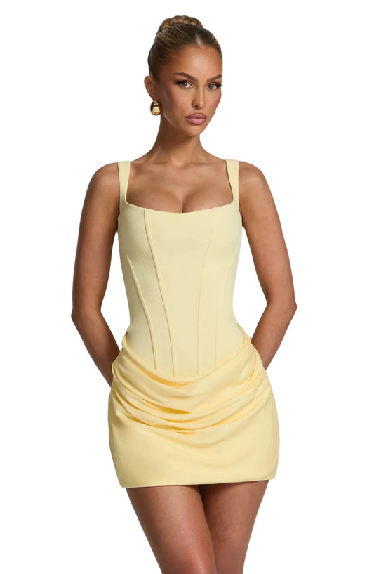 Women's Rose Mini Dress with Corset Bodice and Cowl Skirt in Lemon