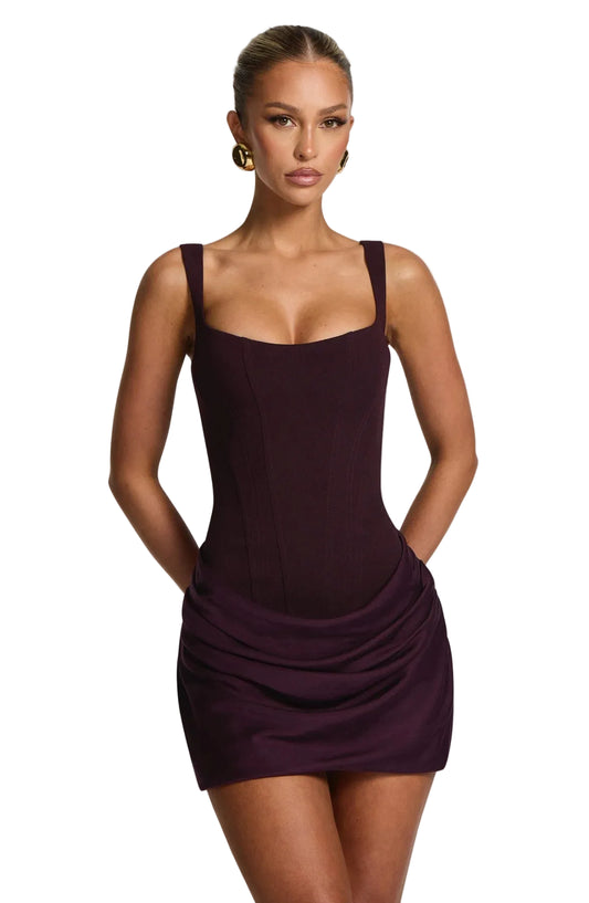 Women's Rose Mini Dress with Corset Bodice and Cowl Skirt in Plum