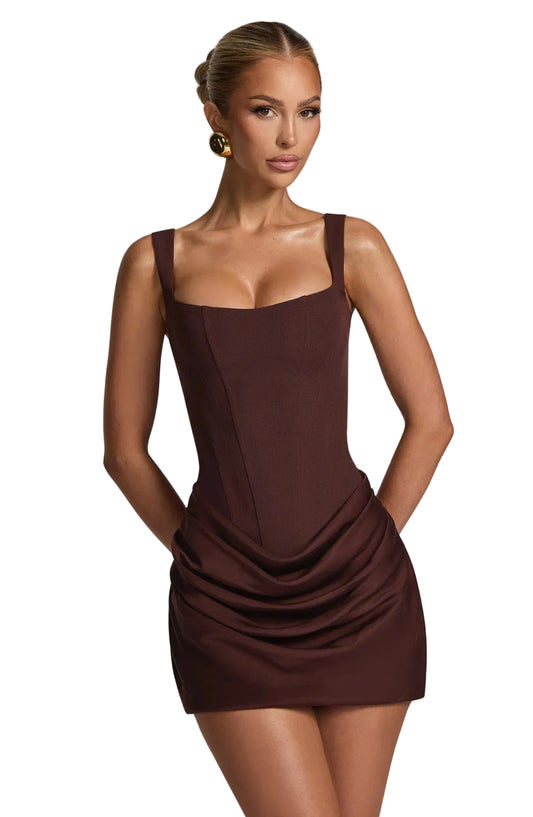 Women's Rose Mini Dress with Corset Bodice and Cowl Skirt in Plum Brown