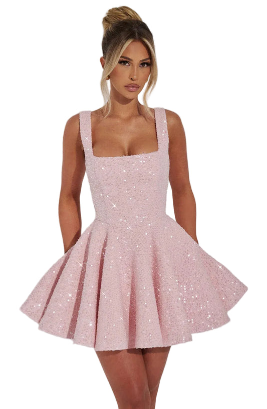 Women's Rose Sequin Mini Dress with Detachable Bow Blush