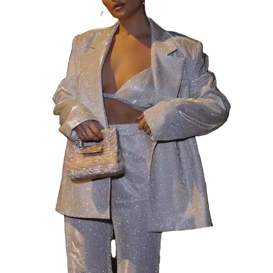Women's Sparkly 3 Piece Evening Set in Cement Gray