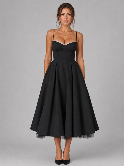 Frida | Women's Midi Dress Corset Full Skirt Fitted Bodice Elegant Occasion Evening Party Wedding Guest Feminine Flowing Statement