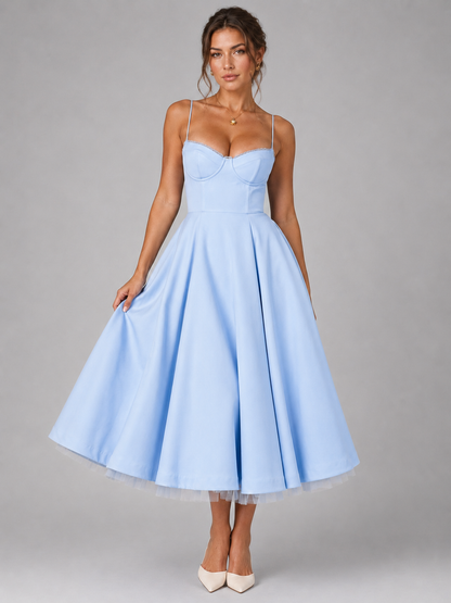 Frida | Women's Midi Dress Corset Full Skirt Fitted Bodice Elegant Occasion Evening Party Wedding Guest Feminine Flowing Statement