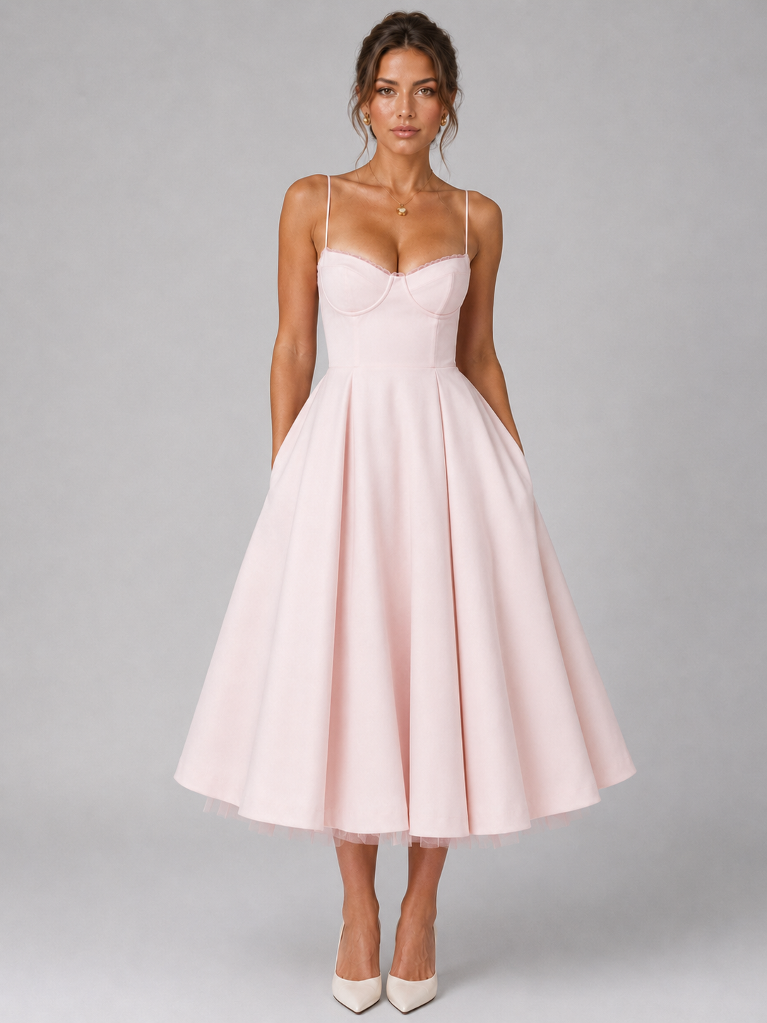 Frida | Women's Midi Dress Corset Full Skirt Fitted Bodice Elegant Occasion Evening Party Wedding Guest Feminine Flowing Statement
