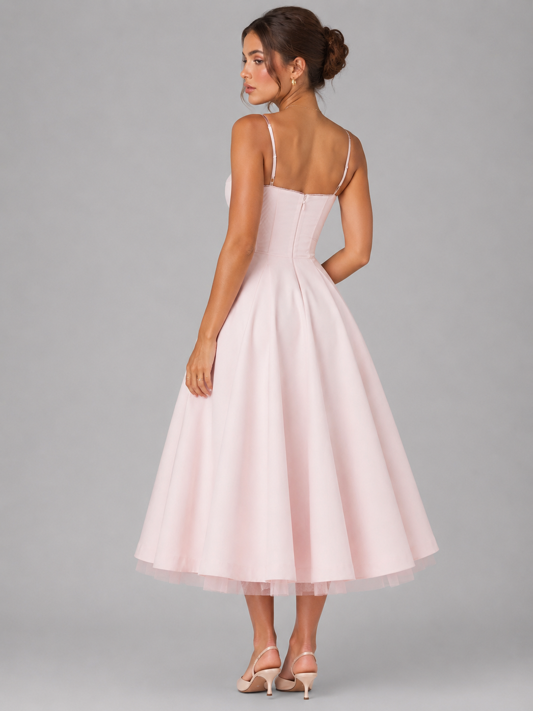 Frida | Women's Midi Dress Corset Full Skirt Fitted Bodice Elegant Occasion Evening Party Wedding Guest Feminine Flowing Statement