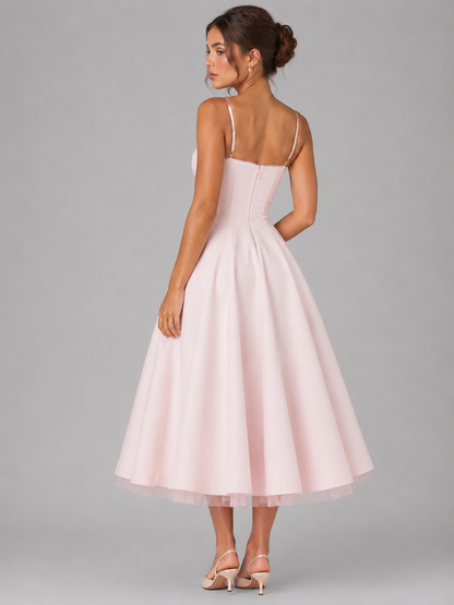 Frida | Women's Midi Dress Corset Full Skirt Fitted Bodice Elegant Occasion Evening Party Wedding Guest Feminine Flowing Statement