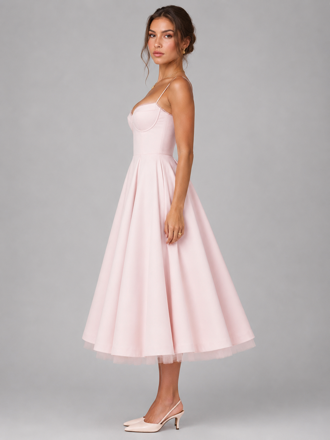 Frida | Women's Midi Dress Corset Full Skirt Fitted Bodice Elegant Occasion Evening Party Wedding Guest Feminine Flowing Statement