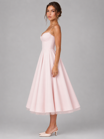 Frida | Women's Midi Dress Corset Full Skirt Fitted Bodice Elegant Occasion Evening Party Wedding Guest Feminine Flowing Statement