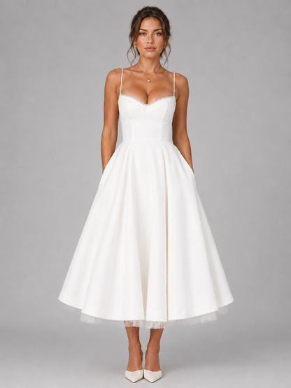 Frida | Women's Midi Dress Corset Full Skirt Fitted Bodice Elegant Occasion Evening Party Wedding Guest Feminine Flowing Statement