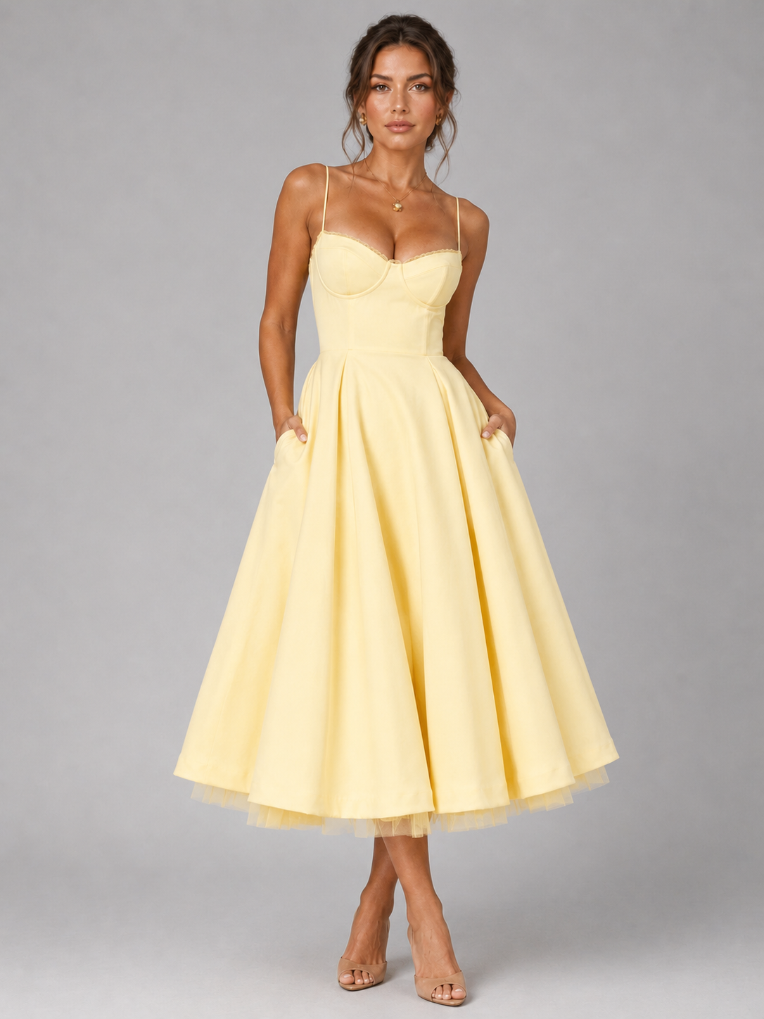 Frida | Women's Midi Dress Corset Full Skirt Fitted Bodice Elegant Occasion Evening Party Wedding Guest Feminine Flowing Statement