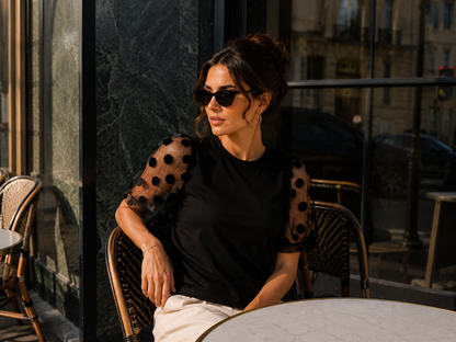 Women's Polka Dot Lace Butterfly Sleeve Top Black