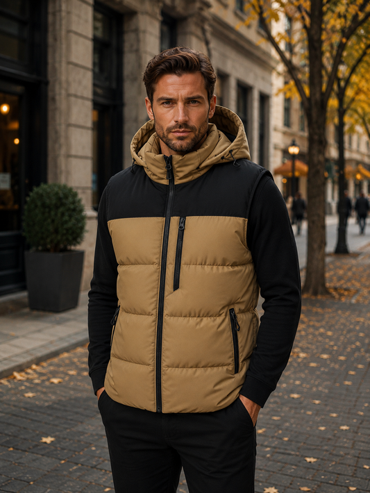 Men's Warm Hooded Winter Puffer Vest with Zip Pockets