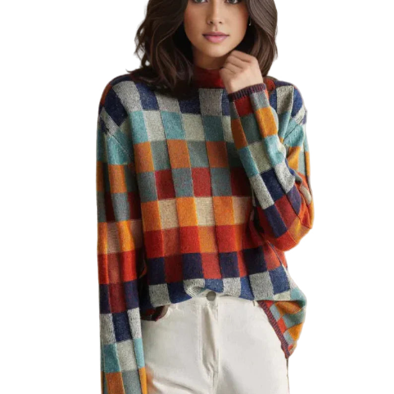 Women's Long Sleeve Checked Knit Sweater