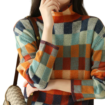 Women's Long Sleeve Checked Knit Sweater