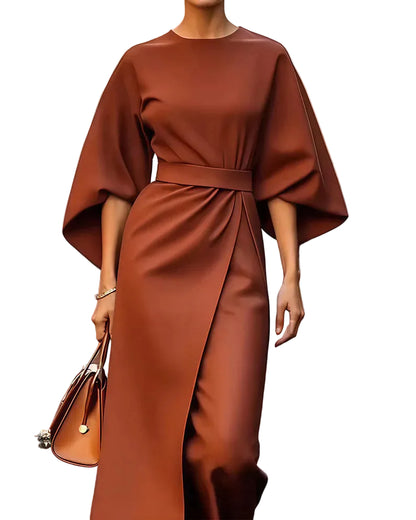 Women’s Belted Batwing Sleeve Midi Dress