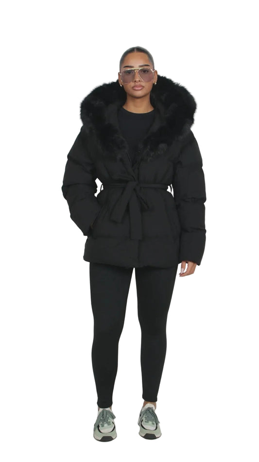 Women’s Belted Faux Fur Hood Puffer Jacket