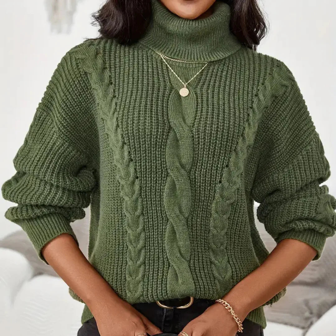 Women’s Cable Knit Turtleneck Sweater with Chunky Texture
