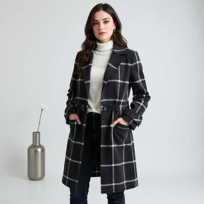 Aria | Women's Overcoat Classic Check Structured Straight Hem Tailored Wool-Blend Longline Smart Formal Winter Warm
