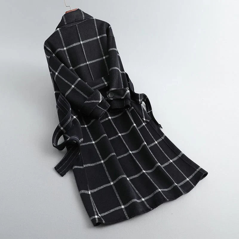 Aria | Women's Overcoat Classic Check Structured Straight Hem Tailored Wool-Blend Longline Smart Formal Winter Warm