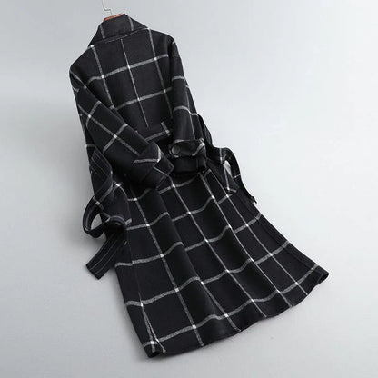Aria | Women's Overcoat Classic Check Structured Straight Hem Tailored Wool-Blend Longline Smart Formal Winter Warm