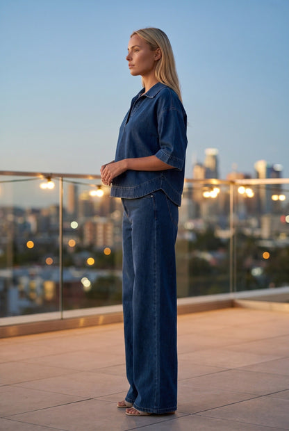 Women's Denim Look Co-ord Set Wide Leg Trousers