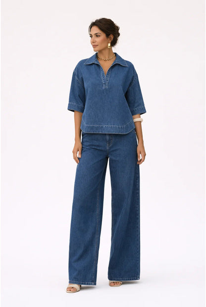 Women's Denim Look Co-ord Set Wide Leg Trousers