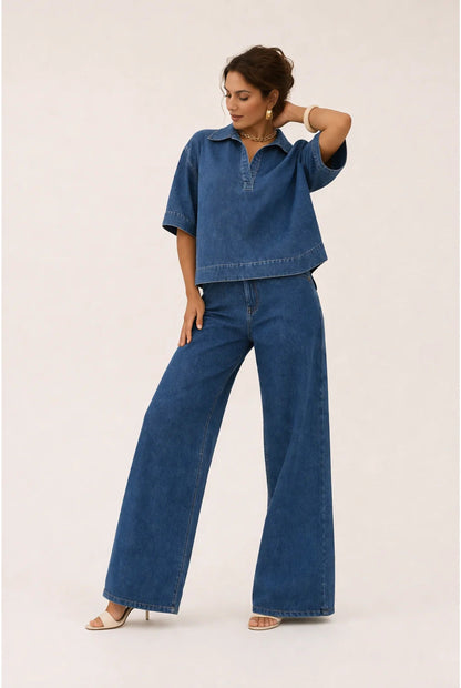 Women's Denim Look Co-ord Set Wide Leg Trousers