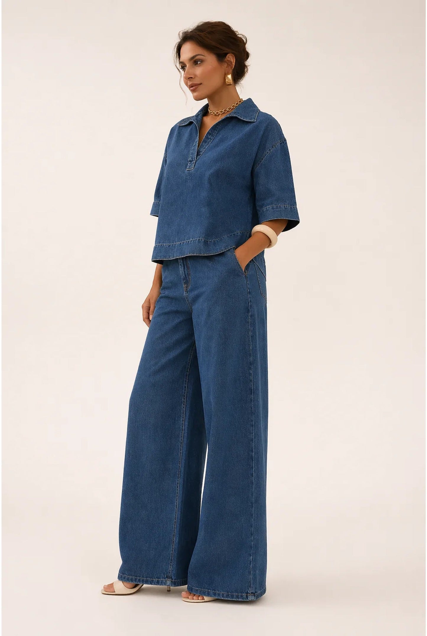 Women's Denim Look Co-ord Set Wide Leg Trousers