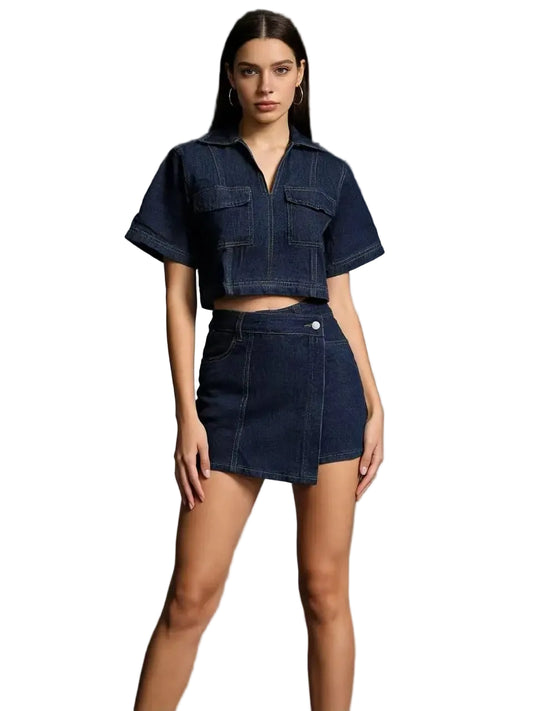 Women’s Denim Crop Shirt and Mini Skirt Set