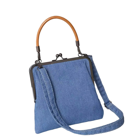 Women's Denim Frame-Top Shoulder Bag with Leather Handle