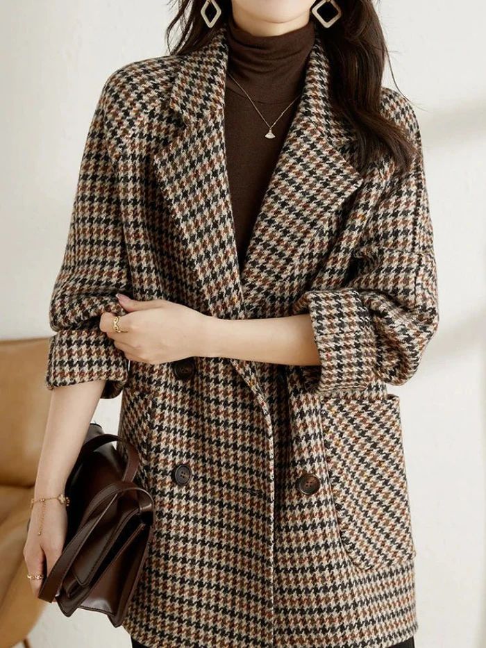 Women’s Double-Breasted Houndstooth Blazer Coat