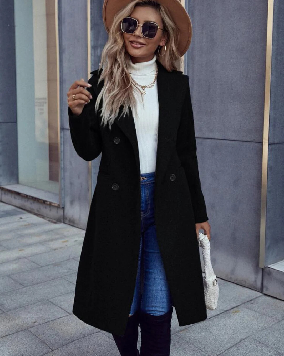 Women’s Double Breasted Long Coat with Notched Lapels