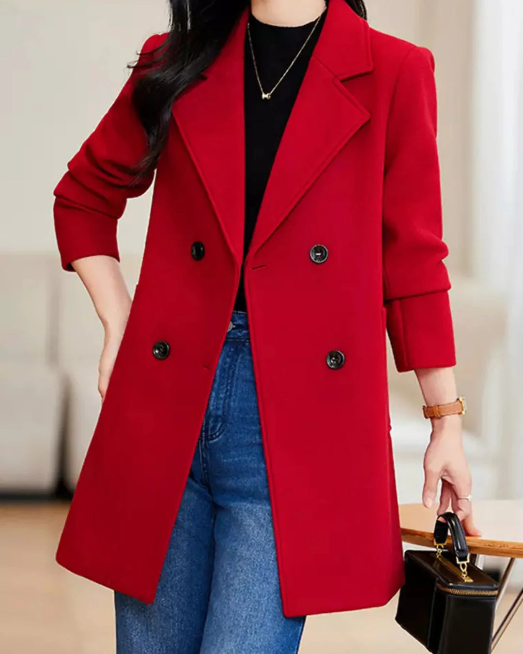 Women’s Double Breasted Long Coat with Notched Lapels