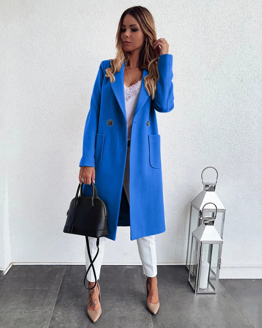 Women’s Double Breasted Long Coat with Notched Lapels