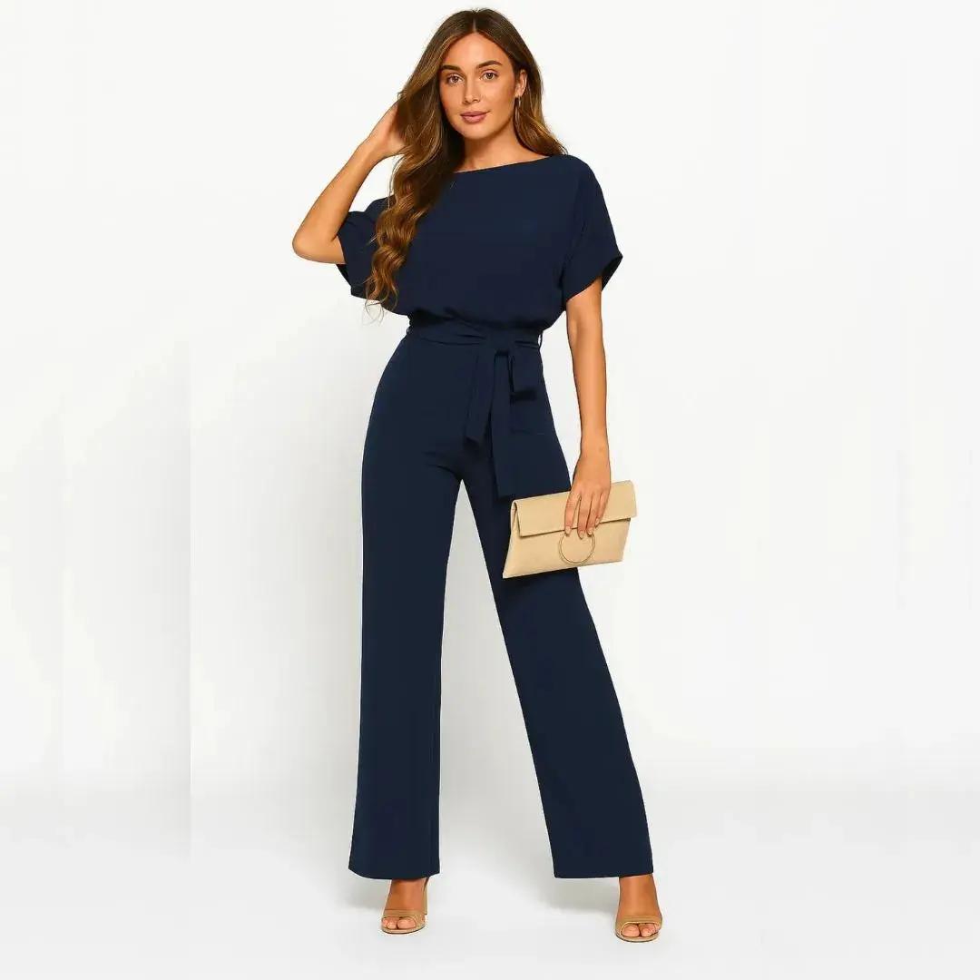 Women’s Elegant Belted Short Sleeve Jumpsuit Set