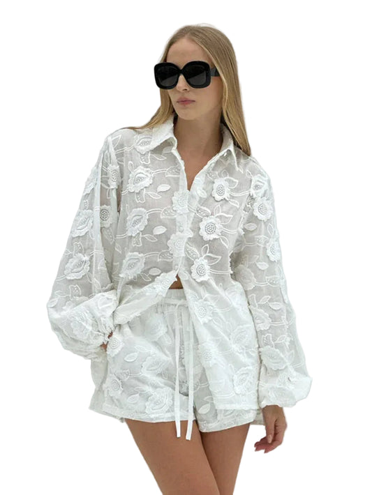 Women’s Floral Embroidered Shirt and Shorts Set